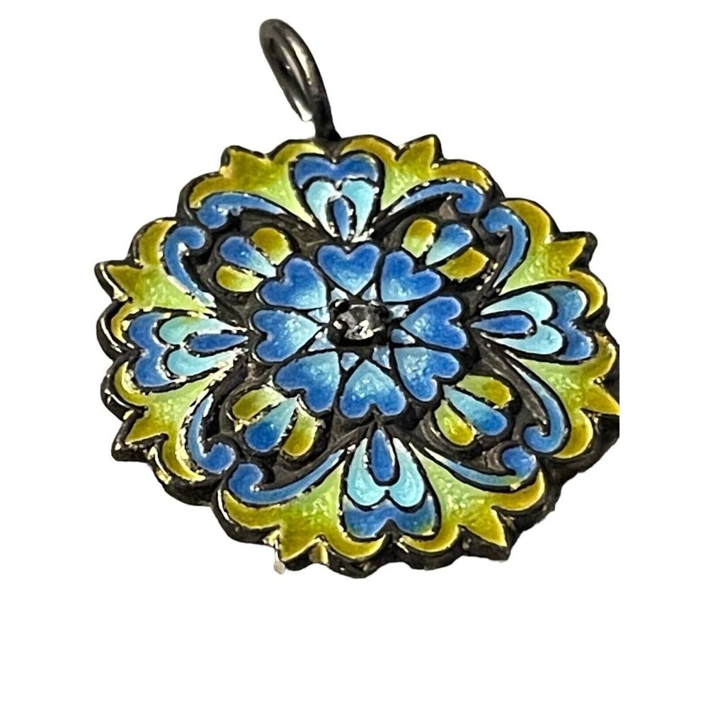 Sterling Silver 925 Unmarked Enamel Crystal Pendant‎ Medallion Hearts Starburst